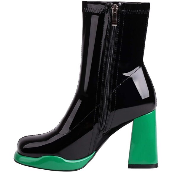 Women's Green Chunky Heel Ankle Boots Square Toe Mid Calf Side Zippers Boots - Picture 4 of 9